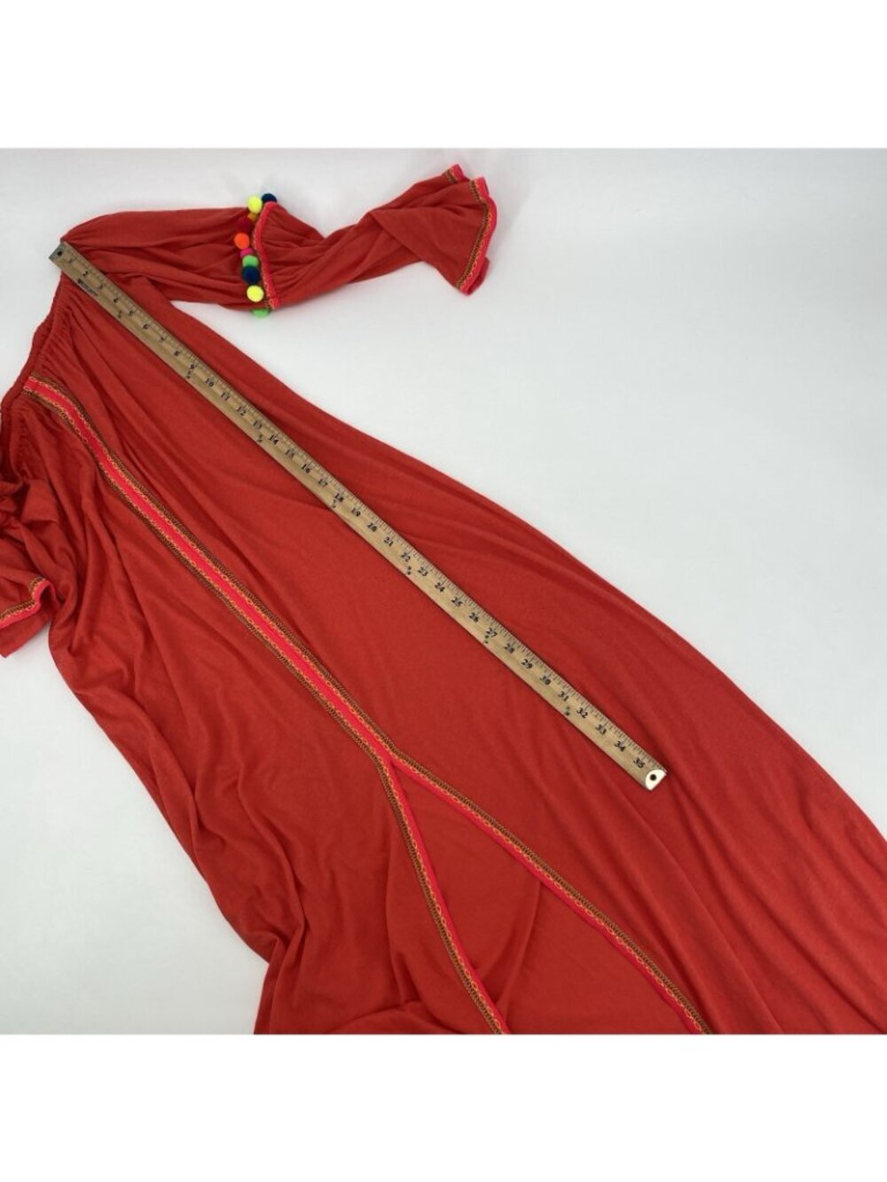 PITUSA Off The Shoulder Gypsy Maxi Dress In Orange One Size Pom Poms Boho Knit - Picture 5 of 16
